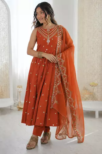 orange  silk blend embroidered with sequence anarkali suit