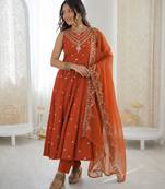 orange  silk blend embroidered with sequence anarkali suit