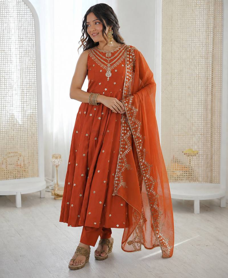 orange  silk blend embroidered with sequence anarkali suit
