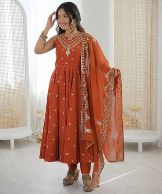 orange  silk blend embroidered with sequence anarkali suit 2