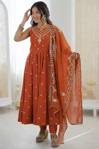 orange  silk blend embroidered with sequence anarkali suit