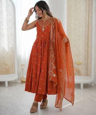 orange  silk blend embroidered with sequence anarkali suit 3