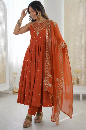 orange  silk blend embroidered with sequence anarkali suit
