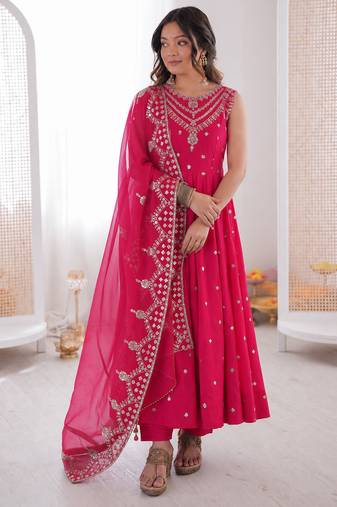 pink  silk blend embroidered with sequence anarkali suit