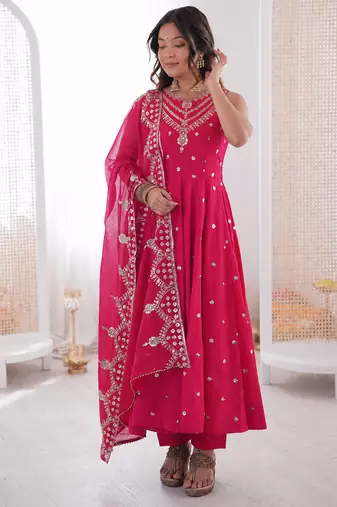 pink  silk blend embroidered with sequence anarkali suit