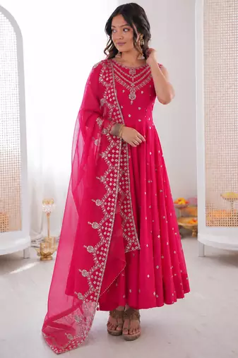 pink  silk blend embroidered with sequence anarkali suit