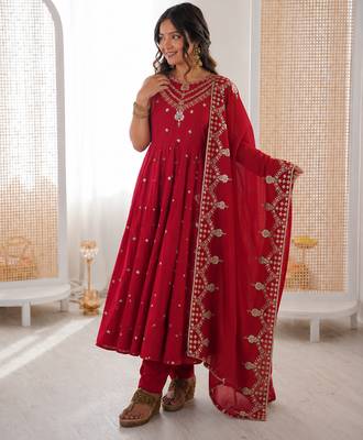red  silk blend embroidered with sequence anarkali suit 1