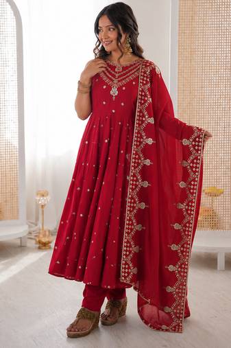 red  silk blend embroidered with sequence anarkali suit
