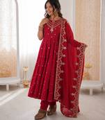 red  silk blend embroidered with sequence anarkali suit
