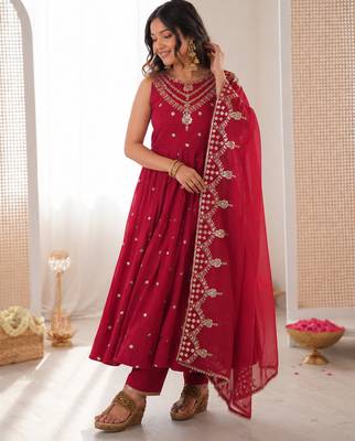 red  silk blend embroidered with sequence anarkali suit 2