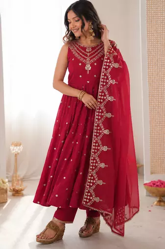 red  silk blend embroidered with sequence anarkali suit