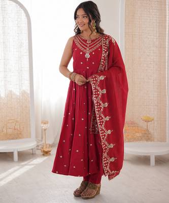 red  silk blend embroidered with sequence anarkali suit 3