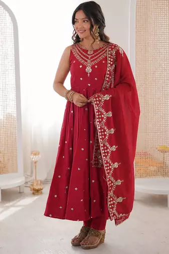 red  silk blend embroidered with sequence anarkali suit