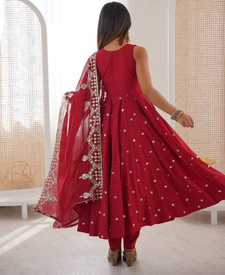 red  silk blend embroidered with sequence anarkali suit 4