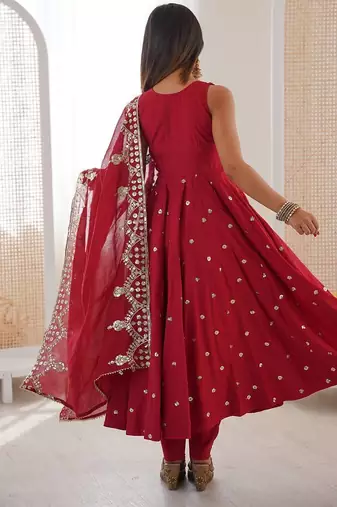 red  silk blend embroidered with sequence anarkali suit