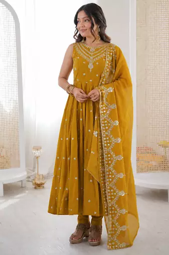 yellow  silk blend embroidered with sequence anarkali suit