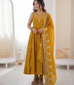 yellow  silk blend embroidered with sequence anarkali suit