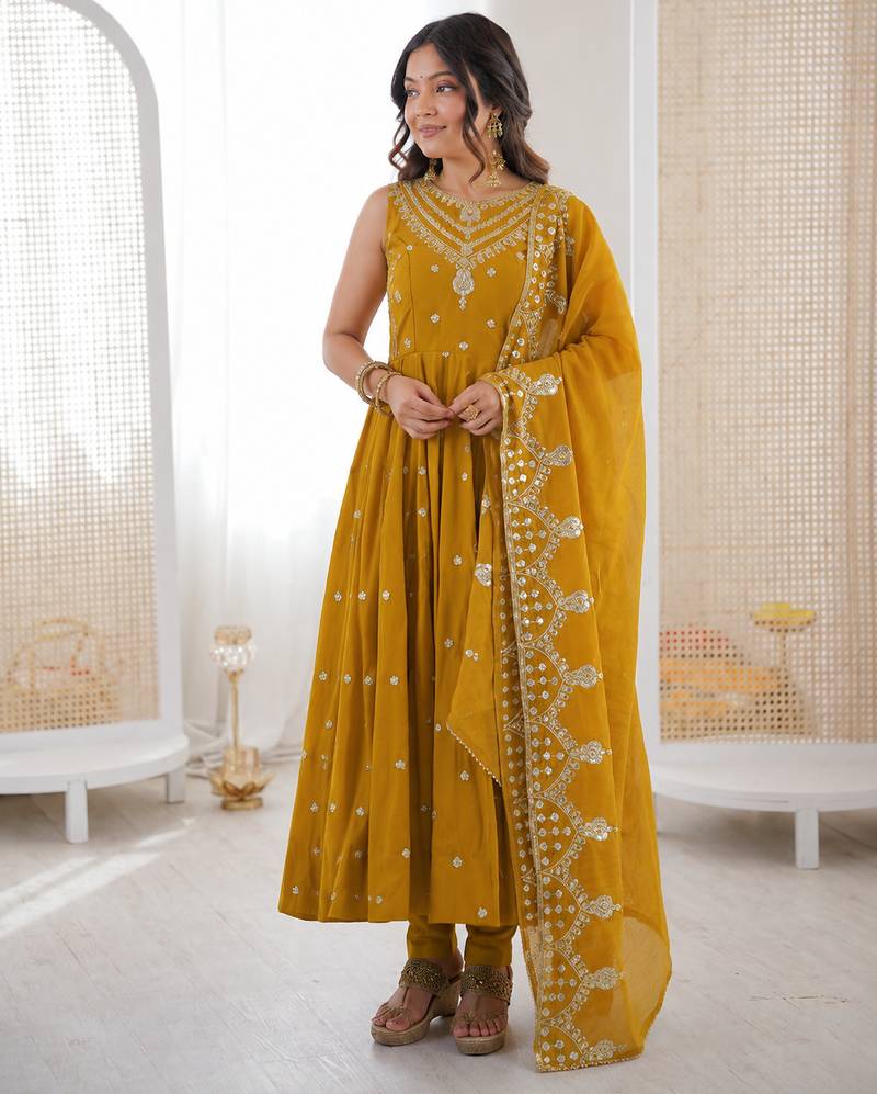 yellow  silk blend embroidered with sequence anarkali suit