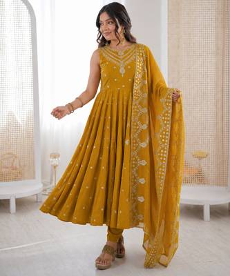 yellow  silk blend embroidered with sequence anarkali suit 2