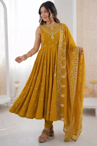 yellow  silk blend embroidered with sequence anarkali suit