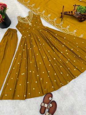 yellow  silk blend embroidered with sequence anarkali suit 4