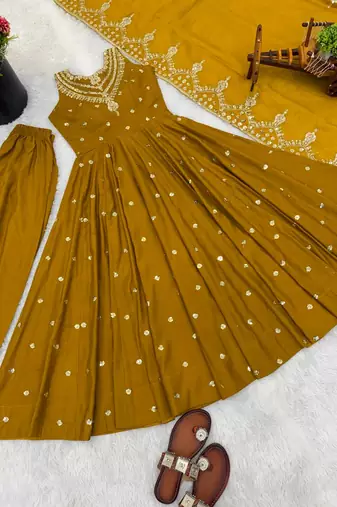 yellow  silk blend embroidered with sequence anarkali suit