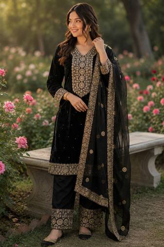 black  silk blend embroidered with sequence plazzo suit