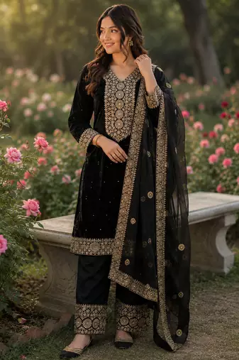 black  silk blend embroidered with sequence plazzo suit