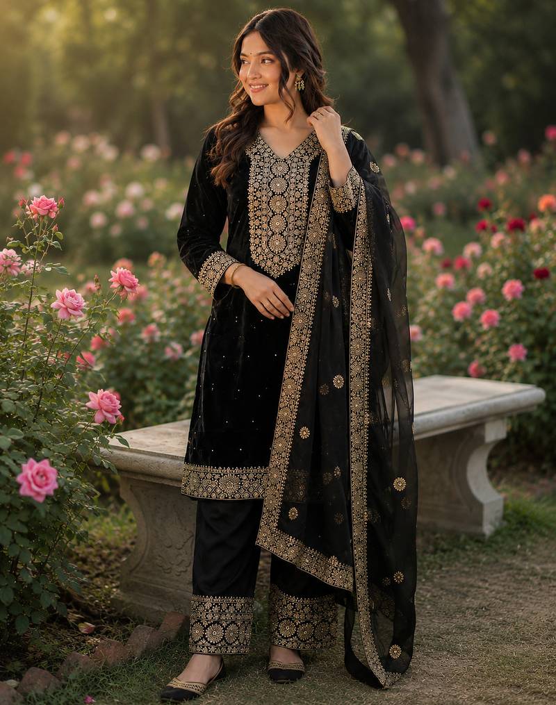 black  silk blend embroidered with sequence plazzo suit
