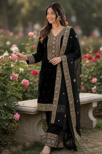 black  silk blend embroidered with sequence plazzo suit