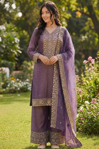 lavender  silk blend embroidered with sequence plazzo suit