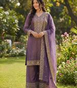 lavender  silk blend embroidered with sequence plazzo suit