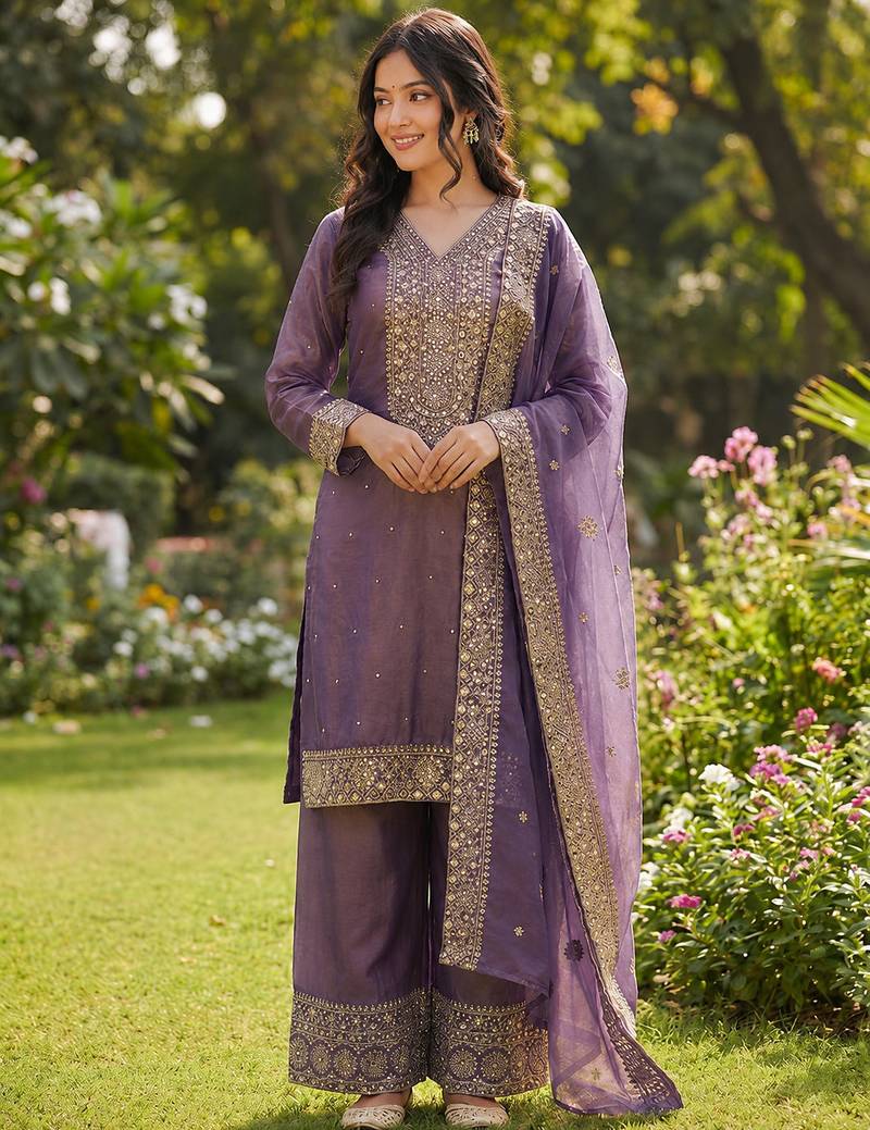 lavender  silk blend embroidered with sequence plazzo suit