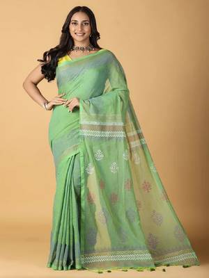 light green handblock printed saree with blouse 1