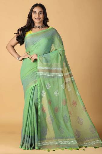 light green handblock printed saree with blouse