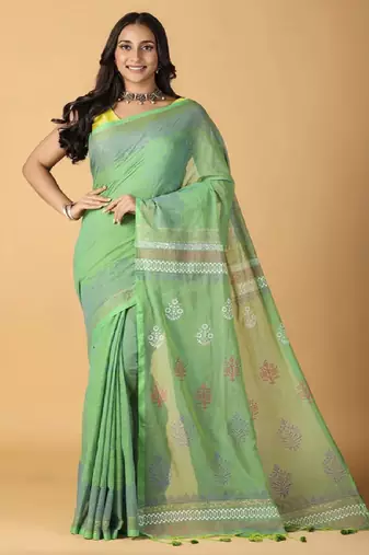 light green handblock printed saree with blouse