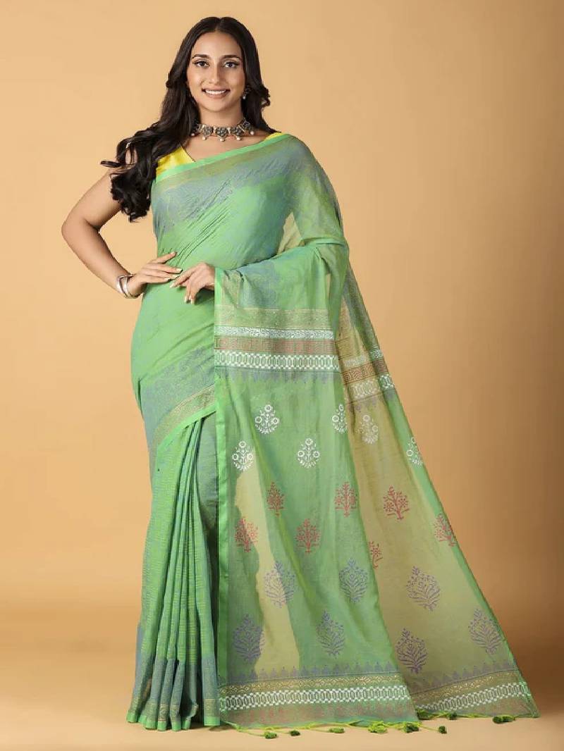light green handblock printed saree with blouse