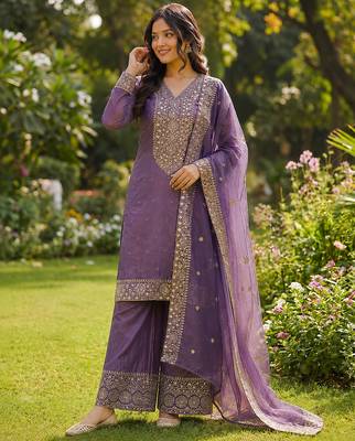 lavender  silk blend embroidered with sequence plazzo suit 2