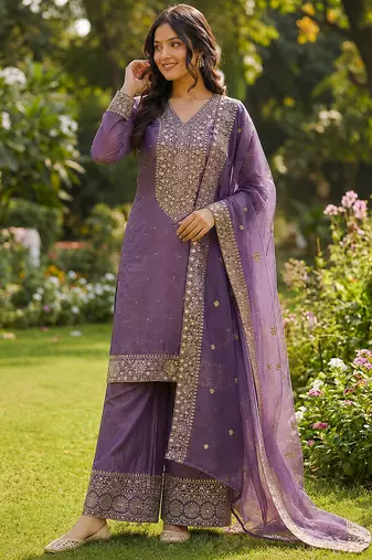 lavender  silk blend embroidered with sequence plazzo suit