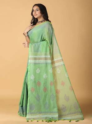 light green handblock printed saree with blouse 2