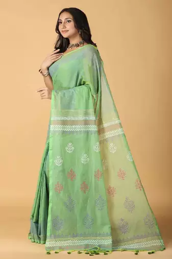 light green handblock printed saree with blouse