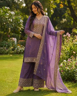 lavender  silk blend embroidered with sequence plazzo suit 3