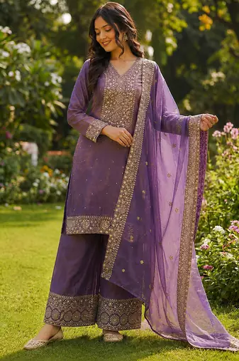 lavender  silk blend embroidered with sequence plazzo suit