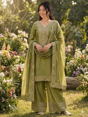 mehendi  silk blend embroidered with sequence plazzo suit 1