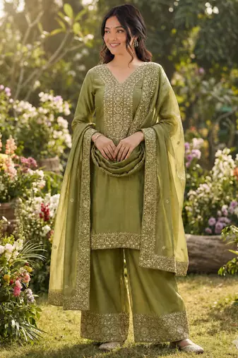 mehendi  silk blend embroidered with sequence plazzo suit