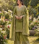 mehendi  silk blend embroidered with sequence plazzo suit