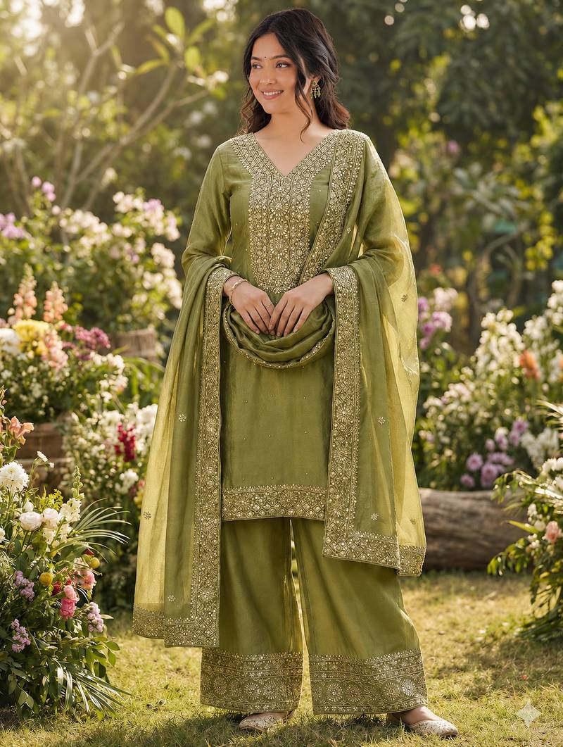mehendi  silk blend embroidered with sequence plazzo suit