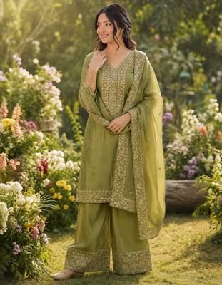 mehendi  silk blend embroidered with sequence plazzo suit 2