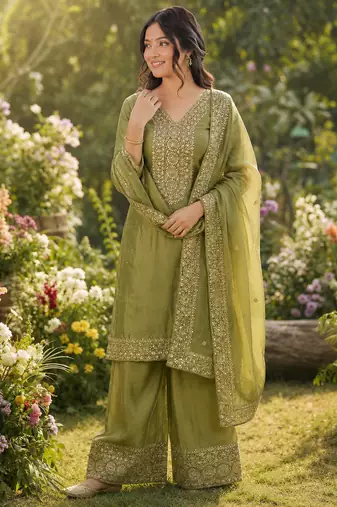 mehendi  silk blend embroidered with sequence plazzo suit