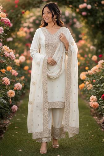 white  silk blend embroidered with sequence plazzo suit
